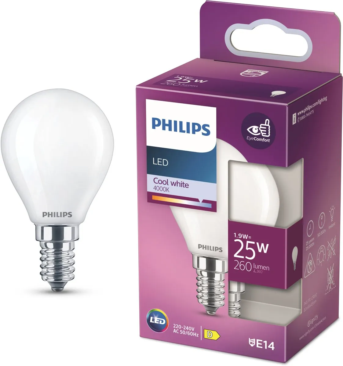 Philips LED Kogellamp E14 25W Koelwit Mat Glas