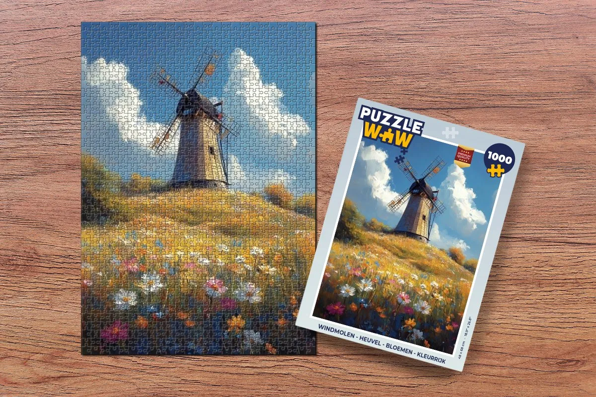 PuzzleWow Windmolen Heuvel Bloemen Legpuzzel 1000 Stuks - Kleurrijk