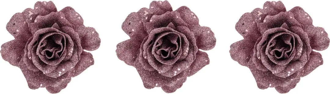 Kerstboomversiering Bloemen - 3x - 10 cm - roze glitter - op clip - ornament