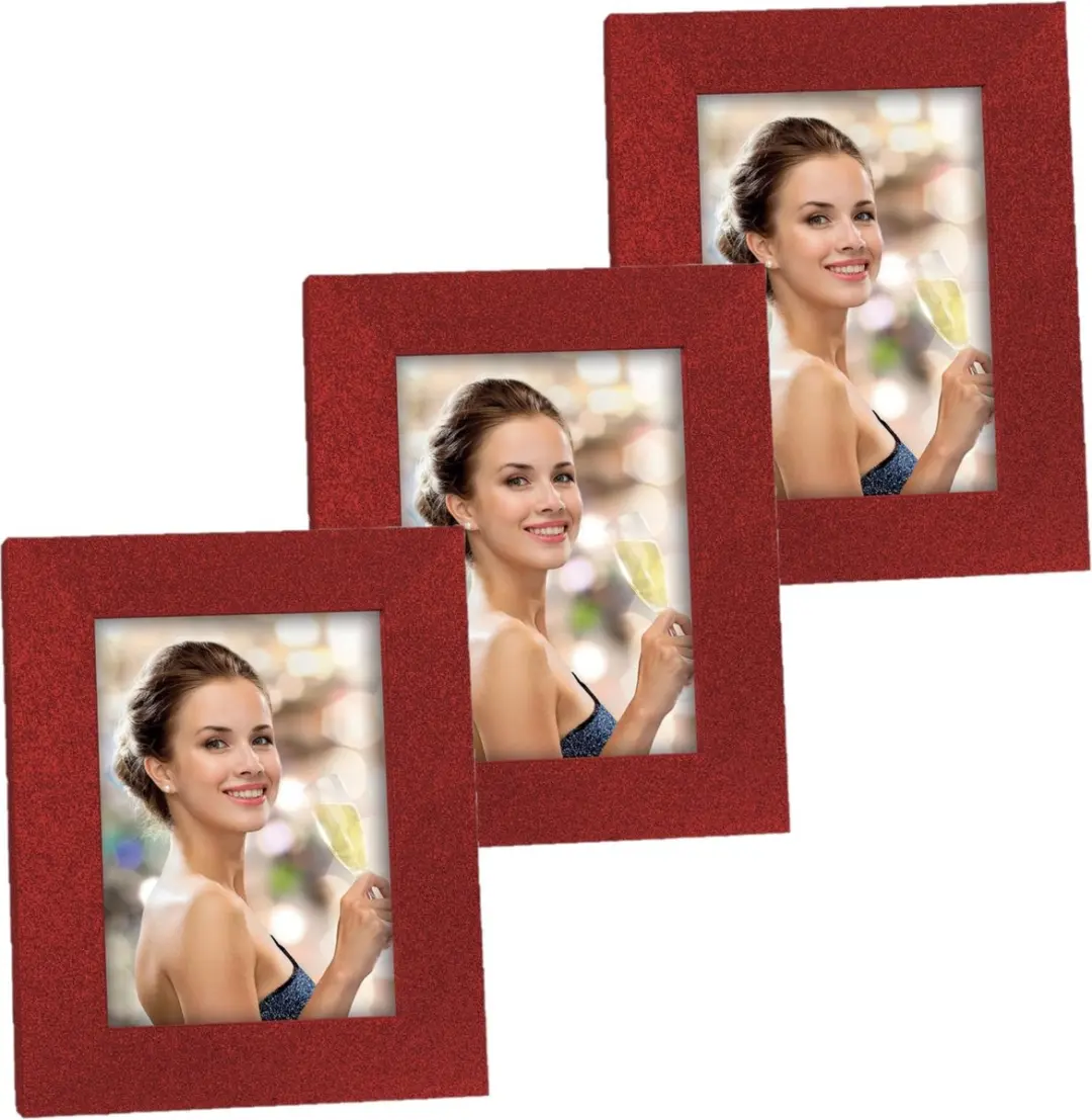 3x stuks houten fotolijstje rood met glitters 21 x 25 cm geschikt voor een foto