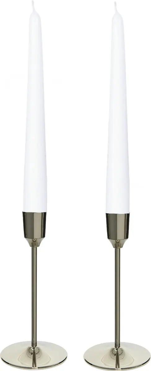 Kandelaars 2x aluminium zilver 20 cm met 12x dinerkaarsen wit