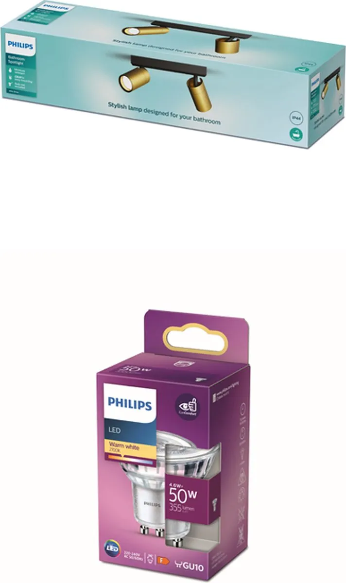Philips Idris Opbouwspot Badkamer 2x GU10 Warmwit - Zwart/Goud