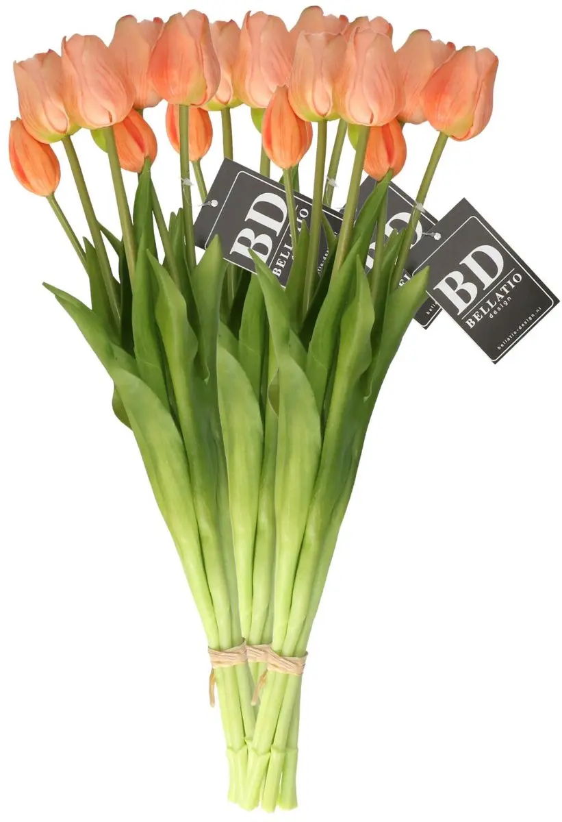 Bellatio Design Kunst tulpen boeket Sally - 21x stuks - zalm kleur - real touch - 47 cm