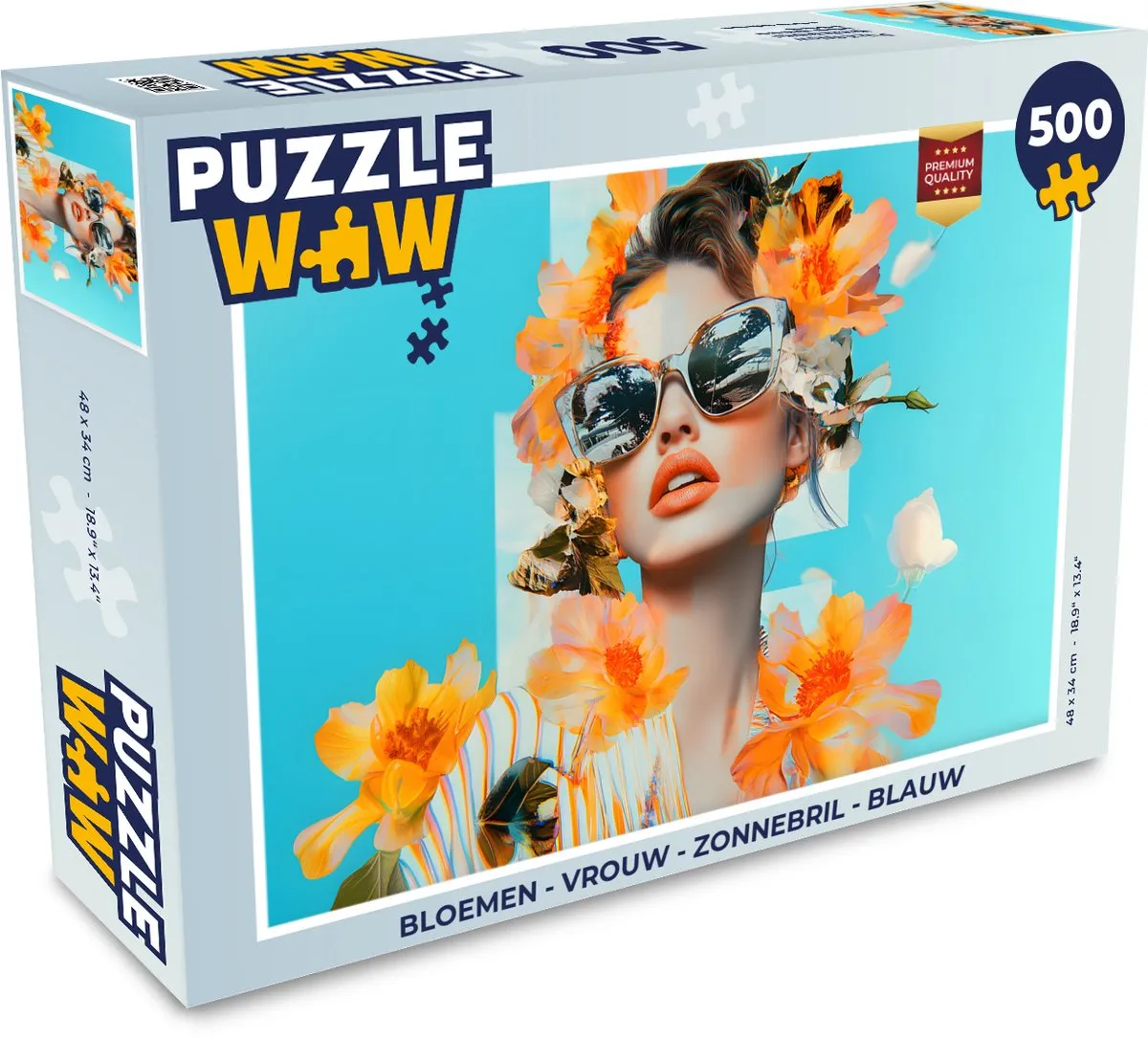 PuzzleWow Bloemen Zonnebril Vrouw Legpuzzel 500 Stuks - Blauw