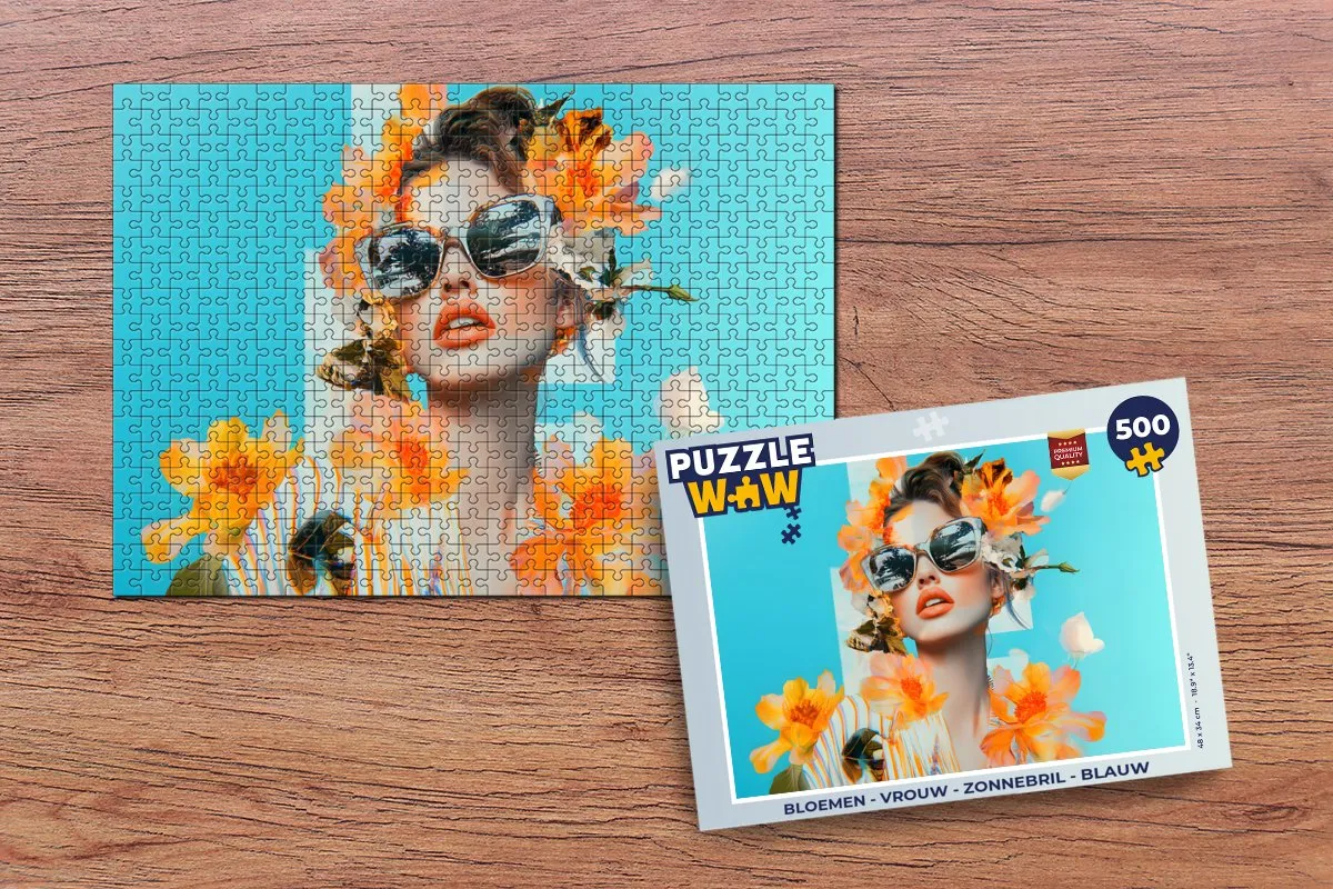PuzzleWow Bloemen Zonnebril Vrouw Legpuzzel 500 Stuks - Blauw