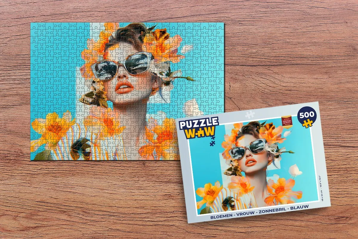PuzzleWow Bloemen Zonnebril Vrouw Legpuzzel 500 Stuks - Blauw