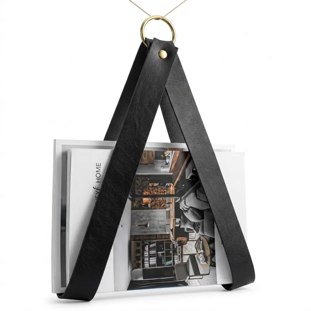 Zwarte wand opberger hangend met band en metalen ring tijdschrift houder wand or