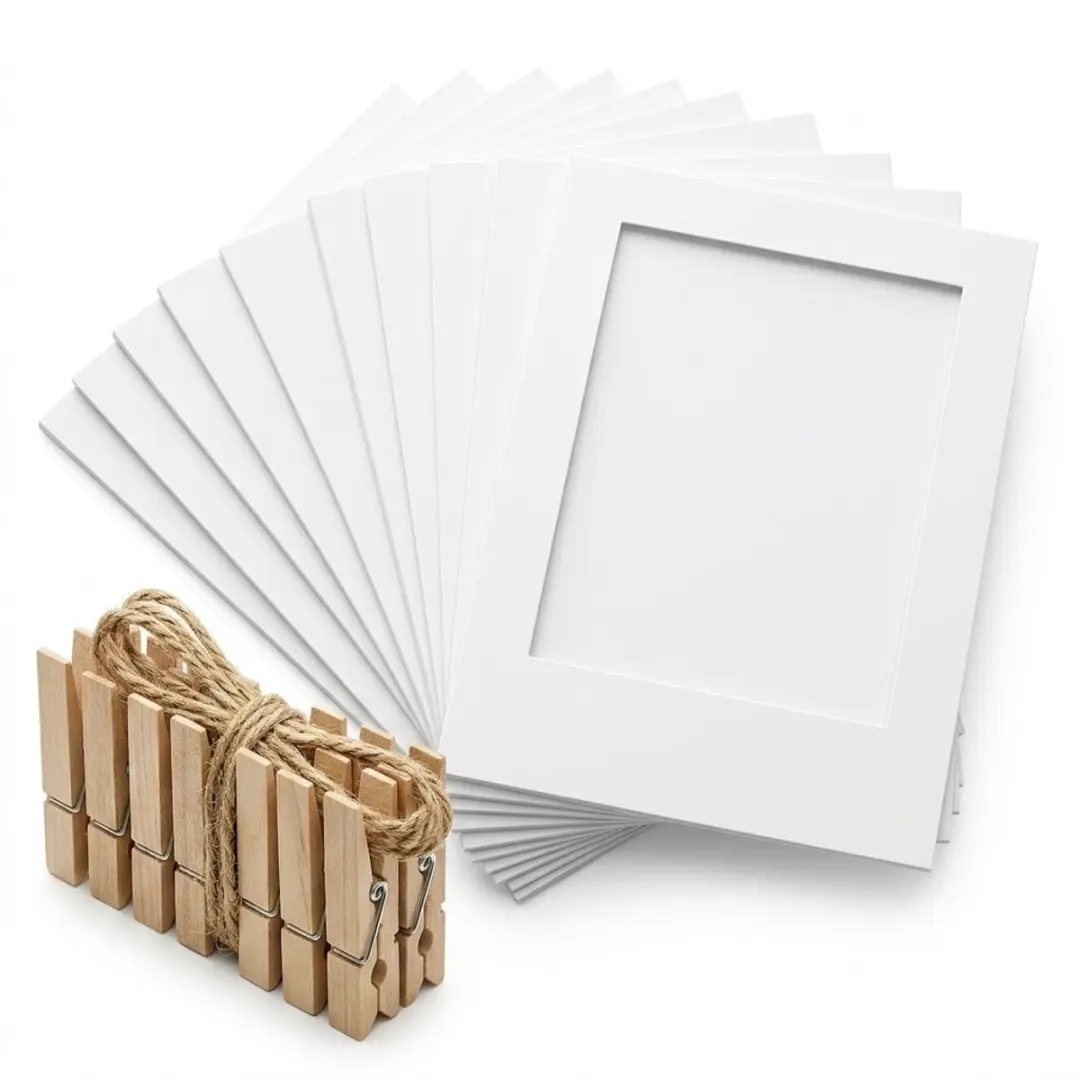 Witte fotolijst set met clips en touw – DIY foto slinger – 10 papieren fotolijsten met knijpers – hangende foto display voor wand decoratie thuis kantoor klaslokaal