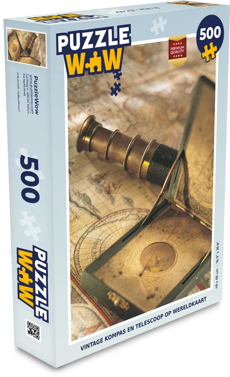 PuzzleWow Vintage Kompas & Telescoop Wereldkaart Legpuzzel 500 Stuks
