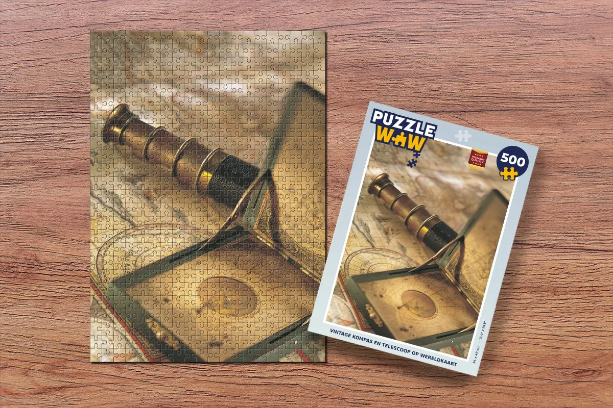 PuzzleWow Vintage Kompas & Telescoop Wereldkaart Legpuzzel 500 Stuks - Multicolor