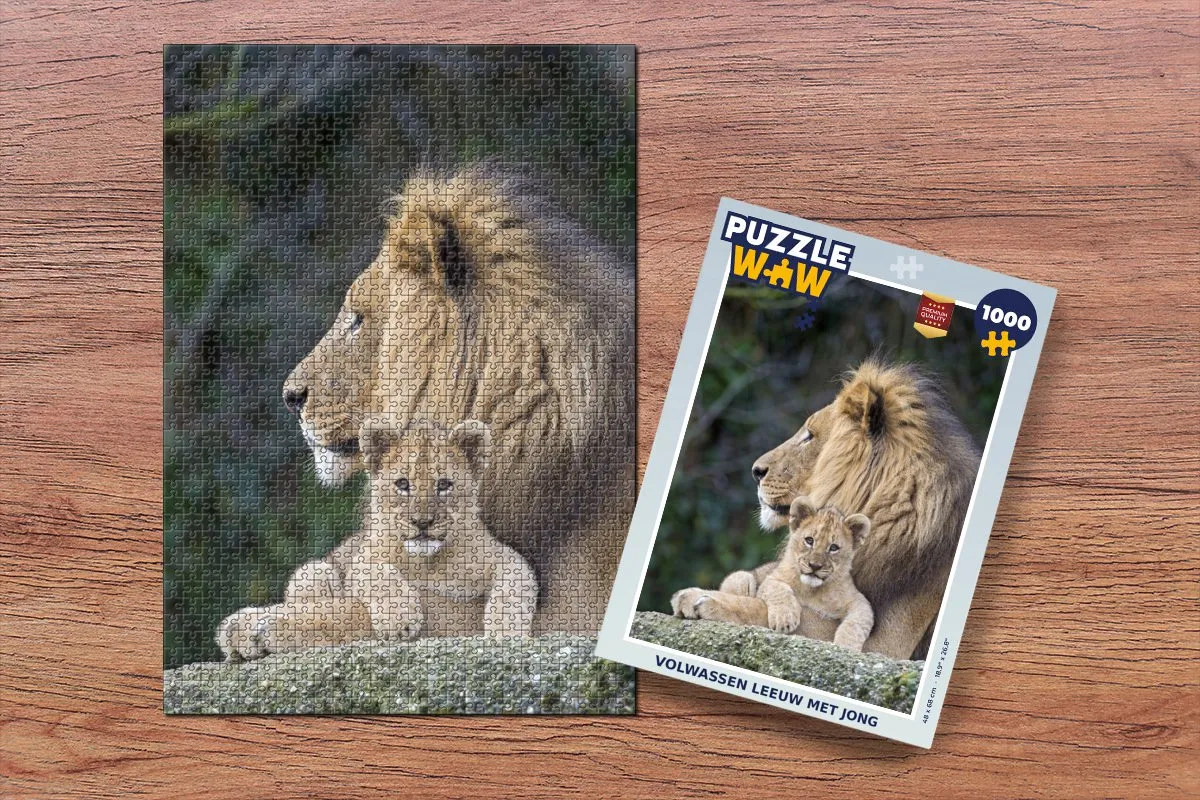 PuzzleWow Volwassen Leeuw met Jong Legpuzzel 1000 Stuks - Multicolor