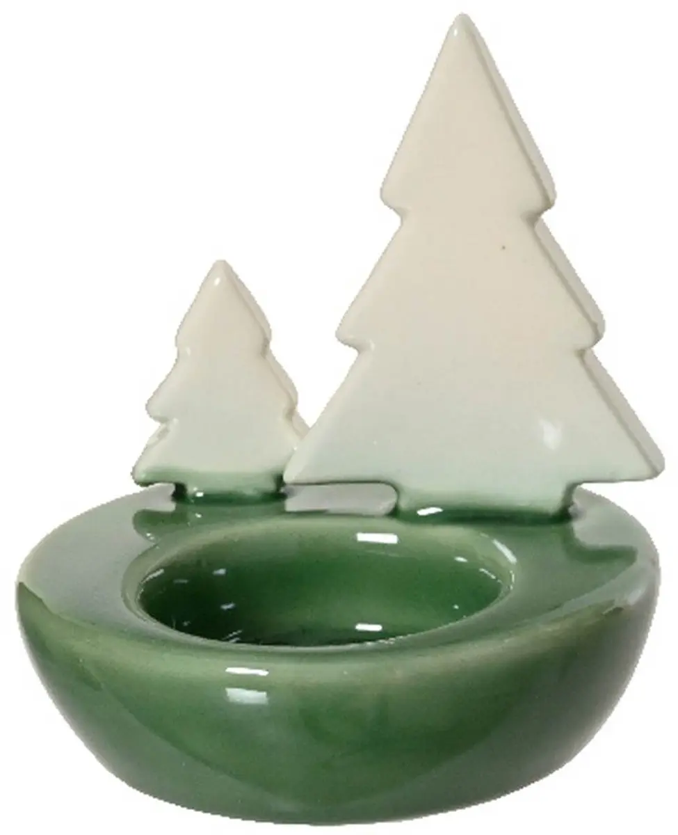 Kaemingk Theelichthouder Dennenbomen Groen-Wit Ø 8,5x9 cm