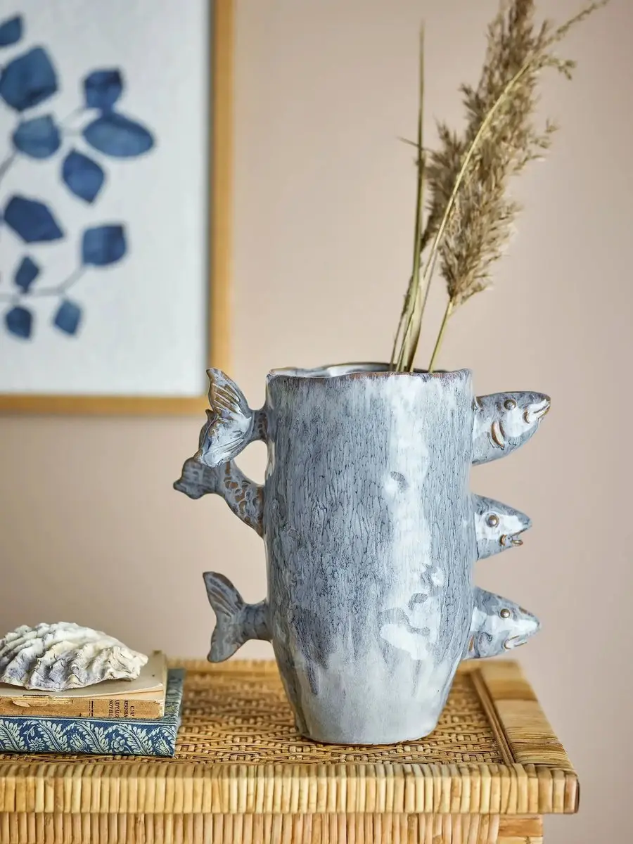 Bloomingville Tace Vaas - Aardewerk - Blauw - 23cm - afbeelding 5 van 5