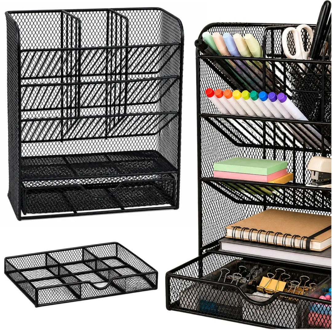 Metalen bureau-organizer voor pennen en accessoires, zwart