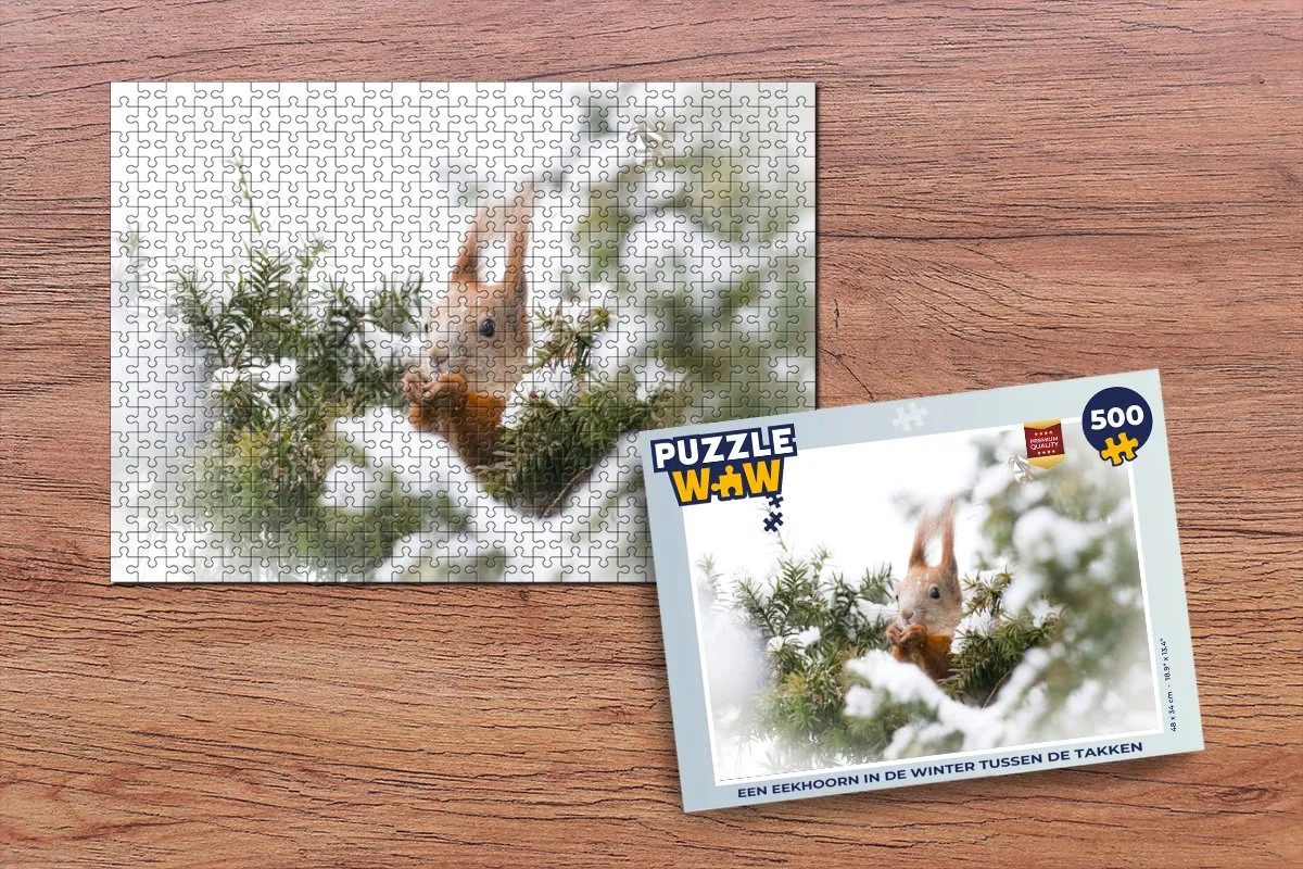 PuzzleWow Legpuzzel Eekhoorn - Den - Sneeuw 500 Stuks - Multicolor