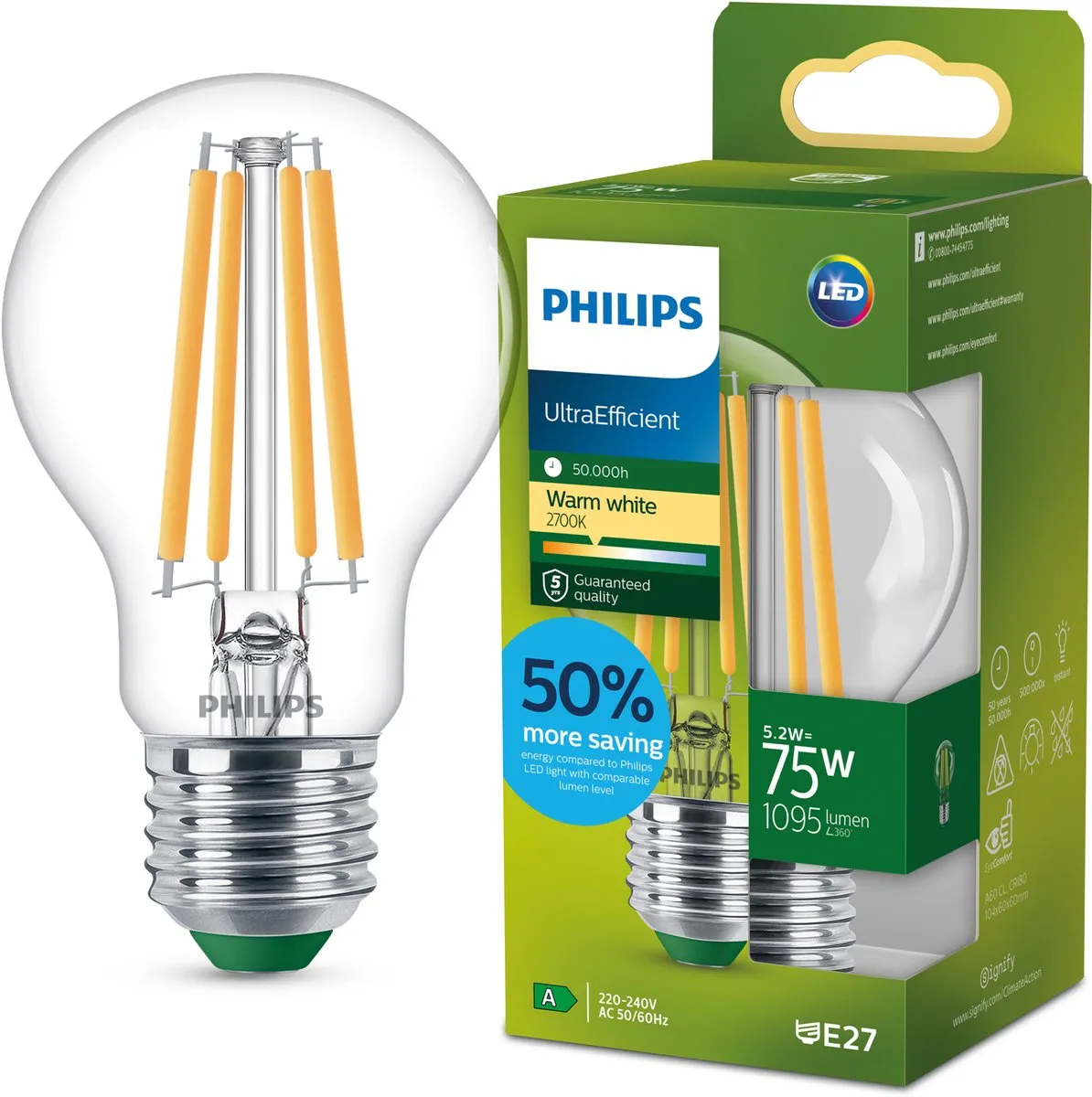 Philips UltraEfficient LED Lamp 5.2W E27 Warmwit