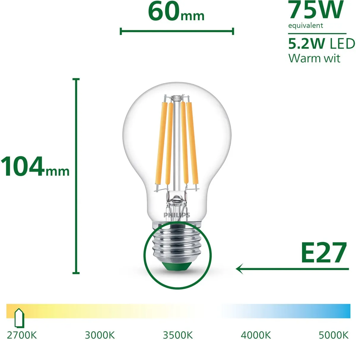 Philips UltraEfficient LED Lamp 5.2W E27 Warmwit - Helder Glas - afbeelding 6 van 6