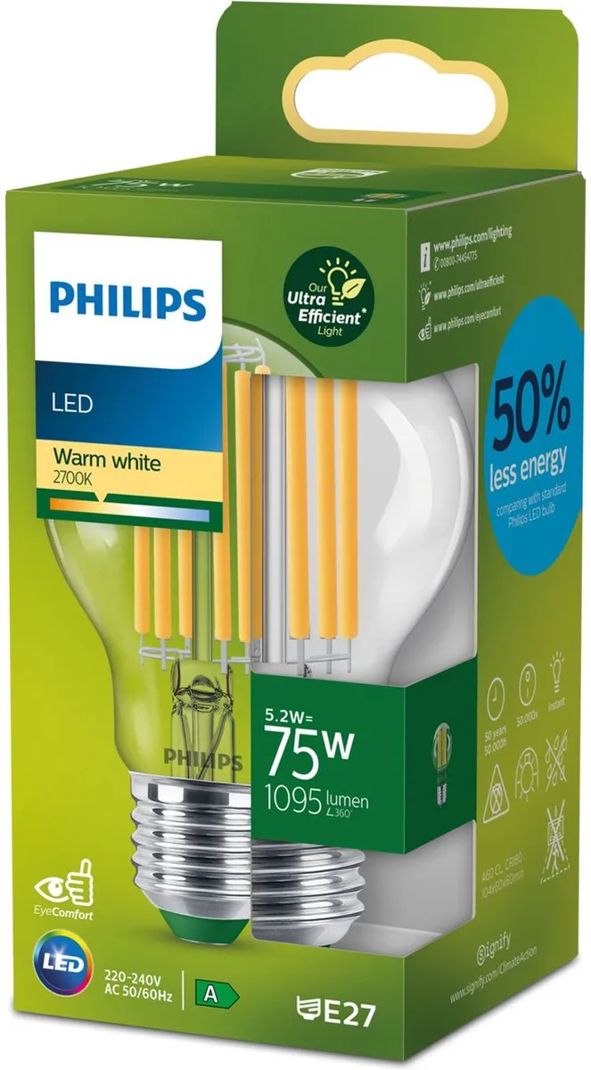 Philips UltraEfficient LED Lamp 5.2W E27 Warmwit - Helder Glas