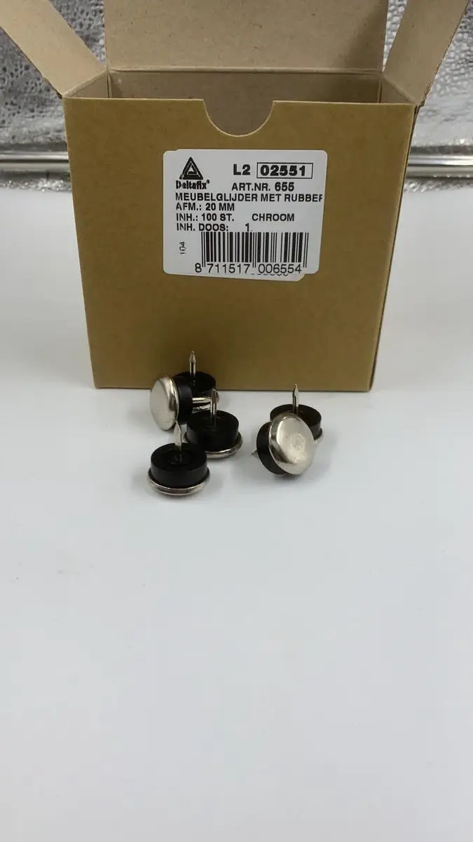Meubelglijder met rubber. 20 mm. per 100 stuks. Chroom. DeltafiX.