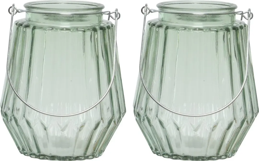 2x stuks theelichthouders/waxinelichthouders streepjes glas mistgroen met metale