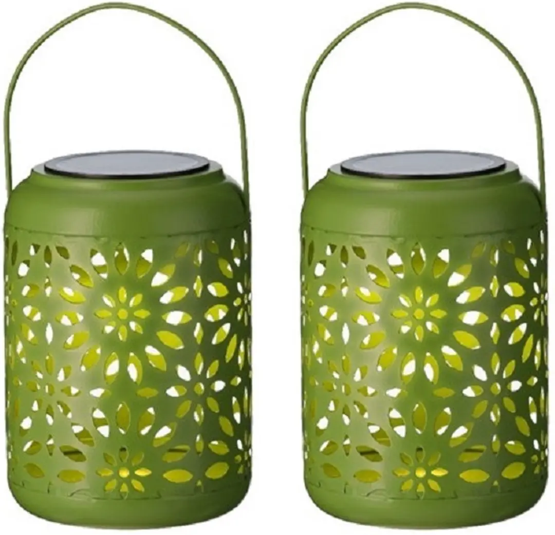 2x stuks solar lantaarn ijzer groen met hengsel 17 cm - Tuinlantaarns - Solarverlichting - Tuinverlichting
