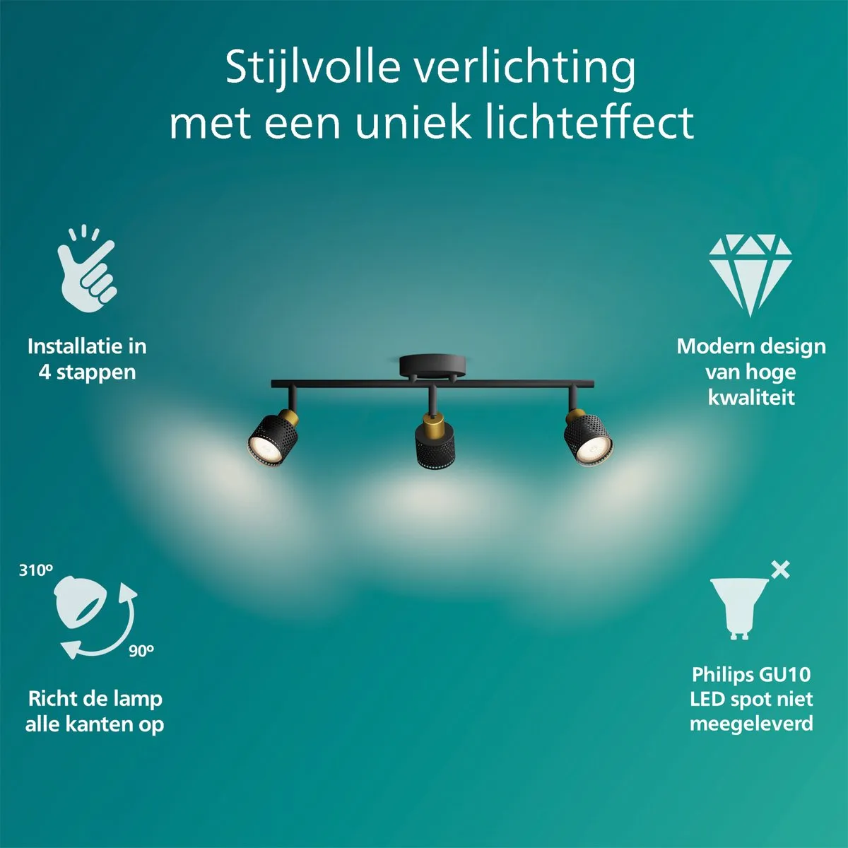 Philips Niall Spot Plafondspot 3x5W - Zwart/messing