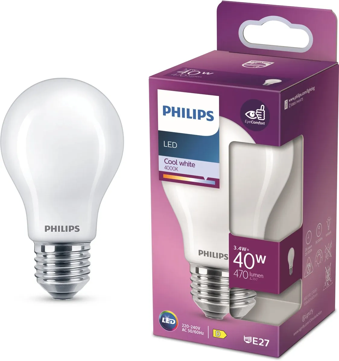Philips LED E27 Koelwit 4.5W Mat