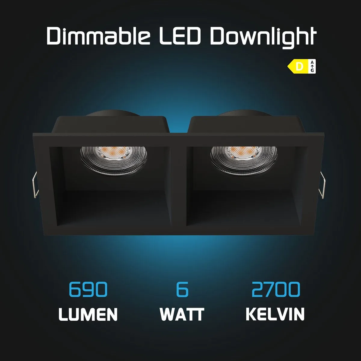 LEDVION 6x Inbouwspot Dubbel Vierkant GU10 2700K - 3W - Zwart