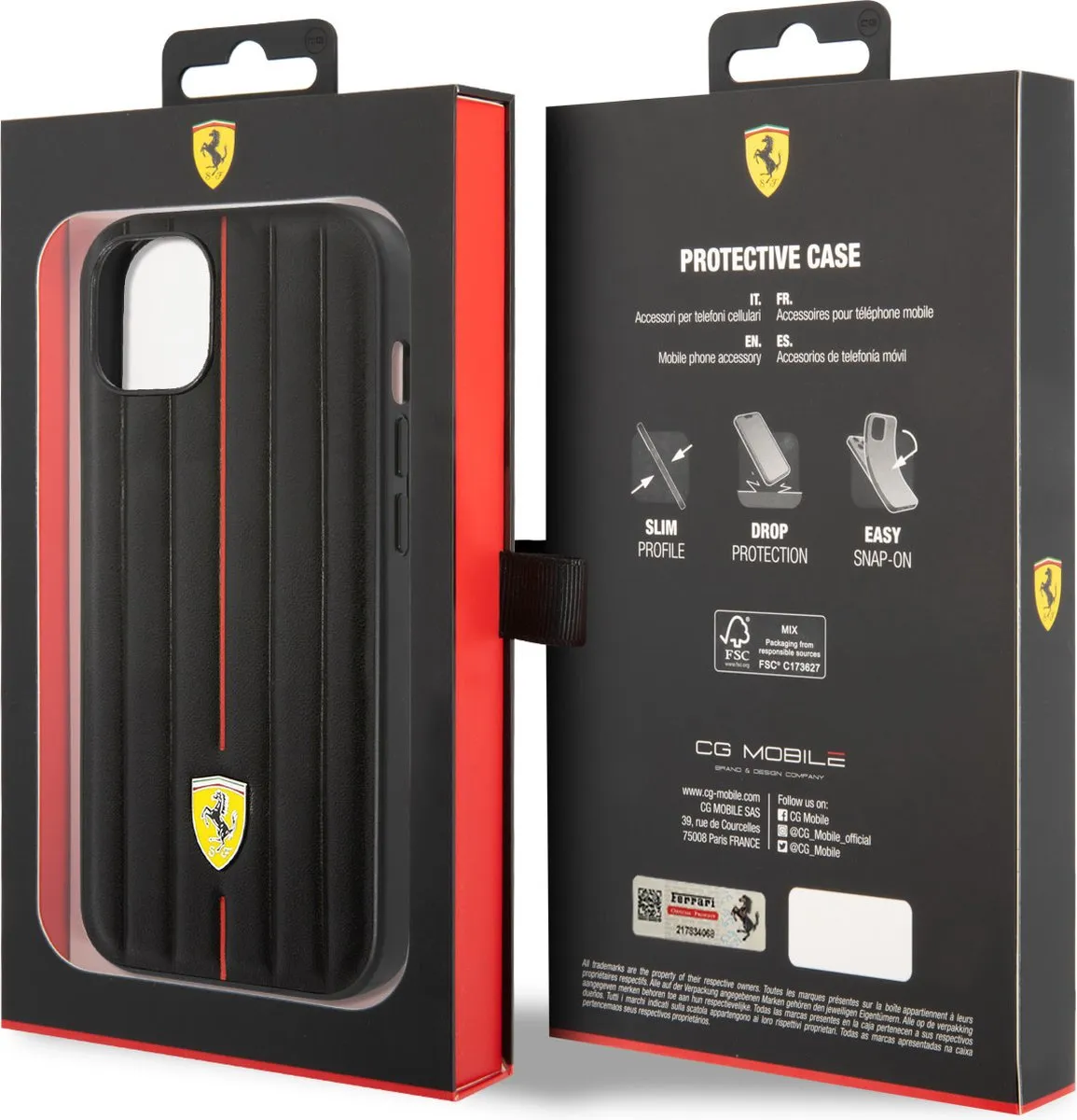 Ferrari iPhone 14 Plus Hardcover - 3666339062330 - Zwart Hot Stamp Red Line