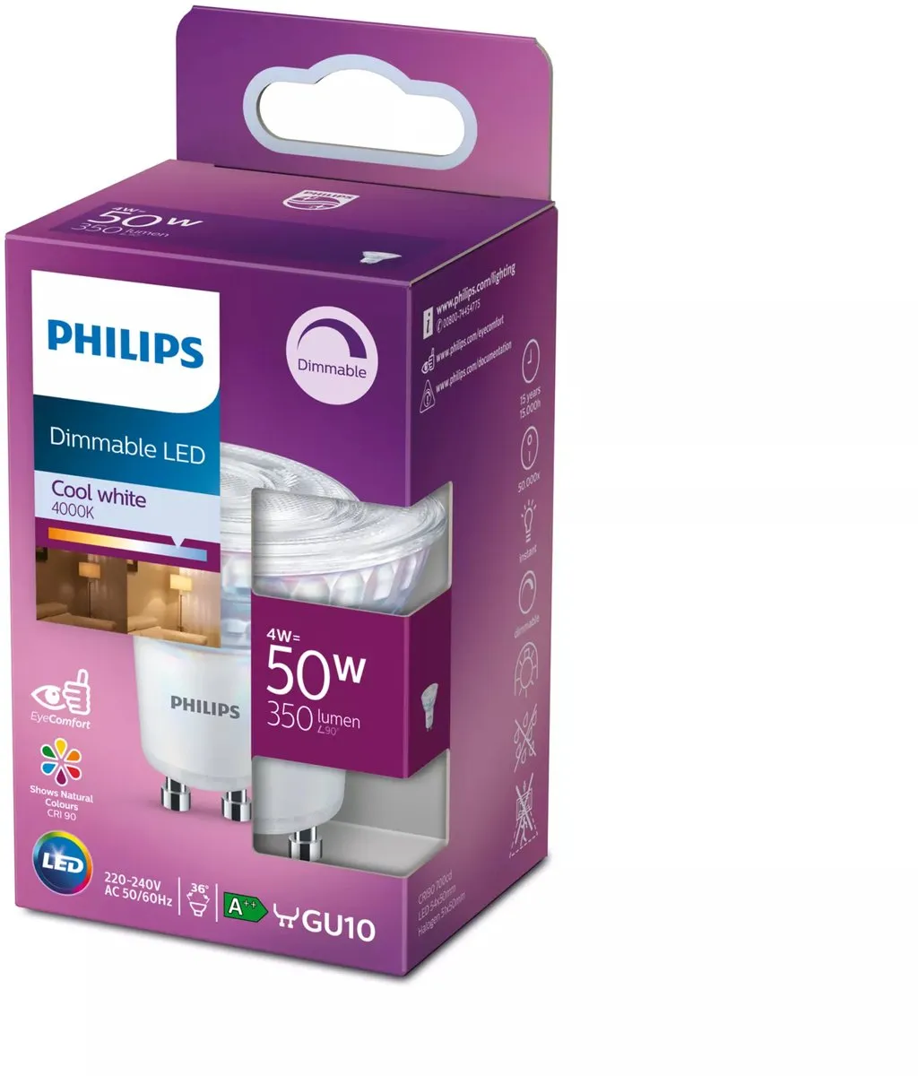 Philips LED Spot GU10 4W - Koelwit 4000K - 1 Stuk