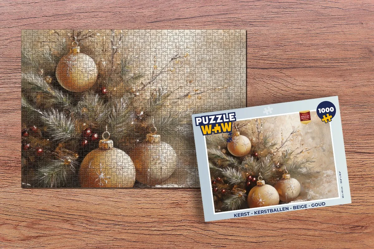 PuzzleWow Kerstballen Legpuzzel 1000 Stuks - Beige/Goud