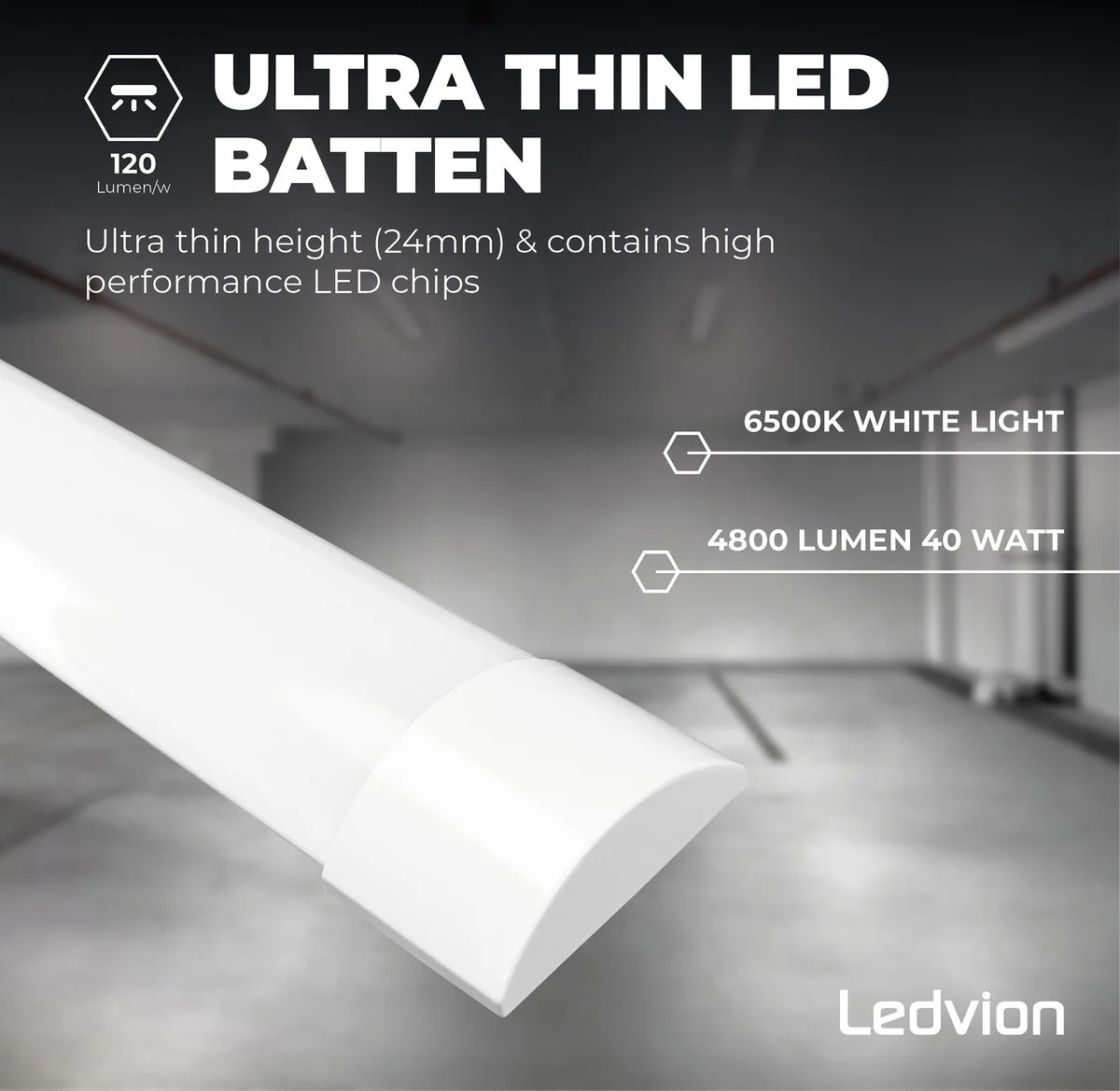 LEDVION LED Batten 120cm 30W 6500K - Wit