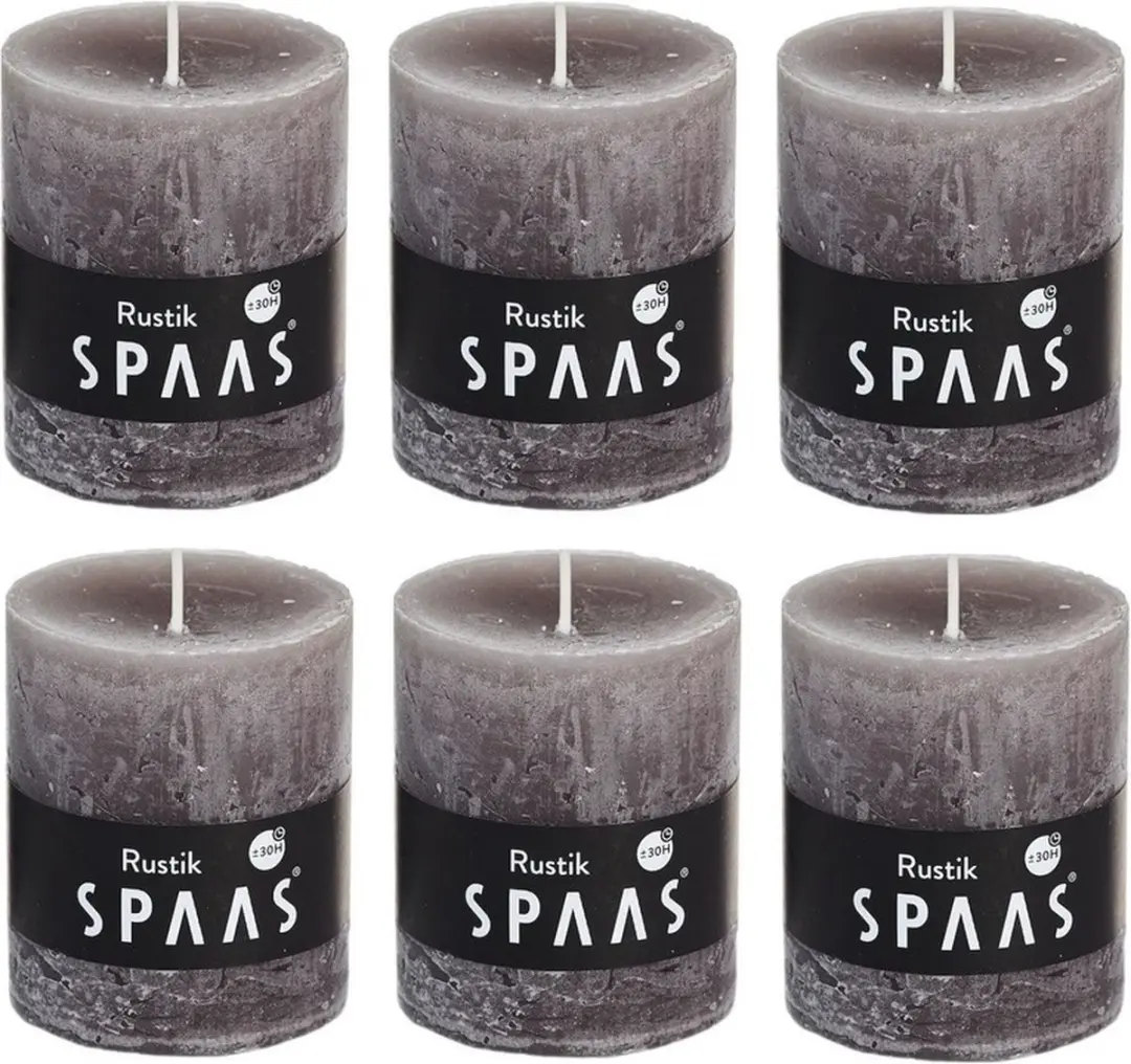6x Taupe rustieke cilinderkaarsen/stompkaarsen 7 x 8 cm 30 branduren