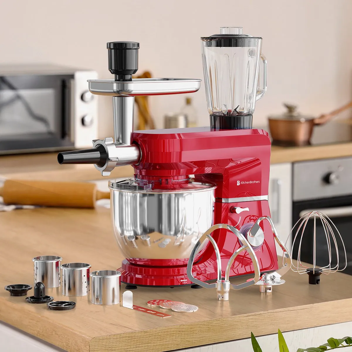 KitchenBrothers Keukenmachine 6-in-1 1500W - 7 Snelheden - Rood