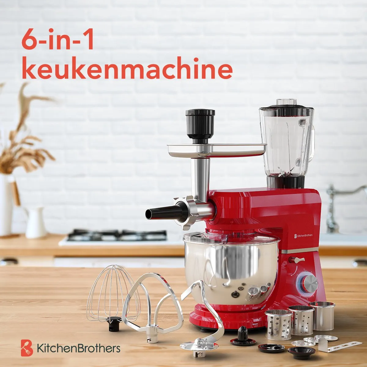 KitchenBrothers Keukenmachine 6-in-1 1500W - 7 Snelheden - Rood