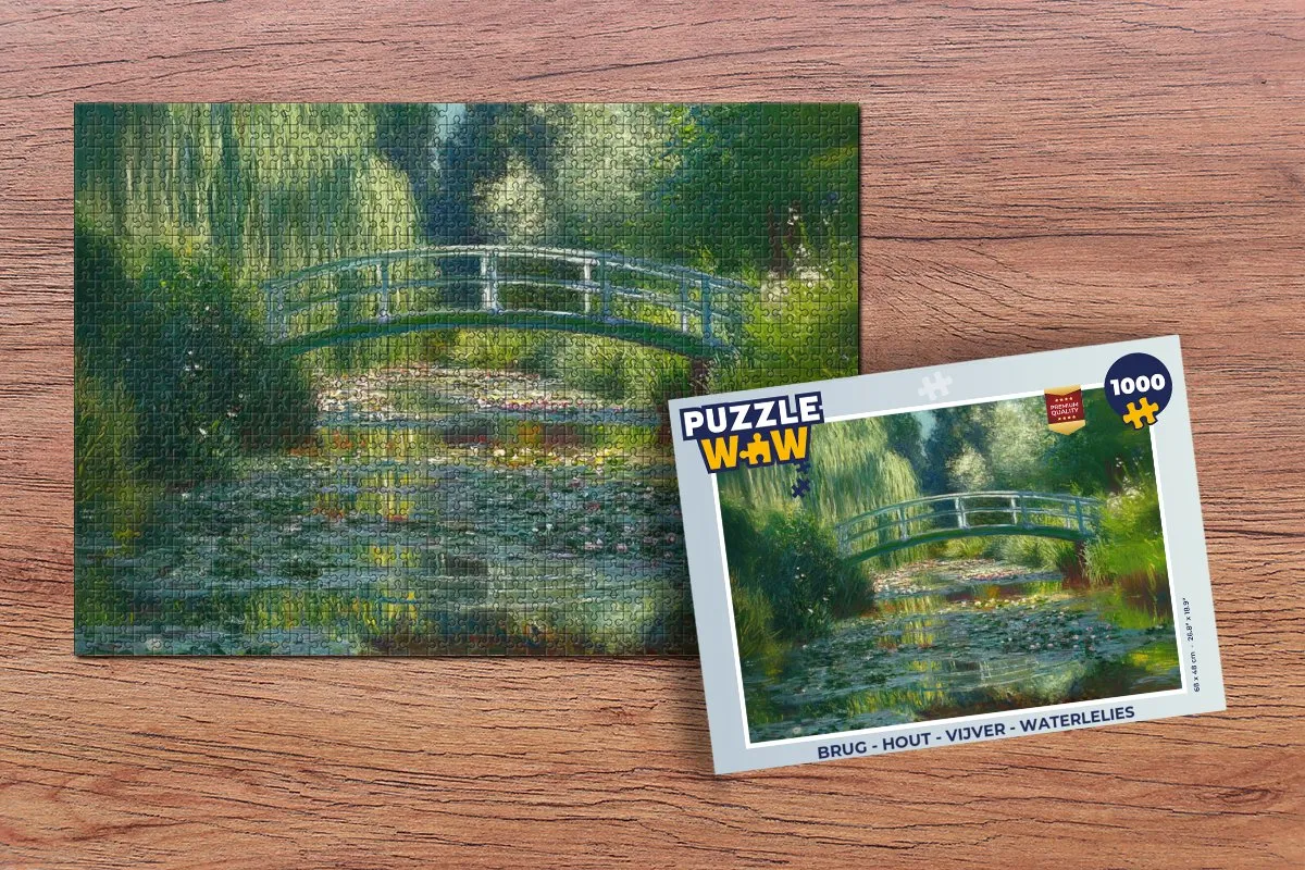 PuzzleWow Legpuzzel 1000 Stuks - Brug, Vijver & Waterlelies
