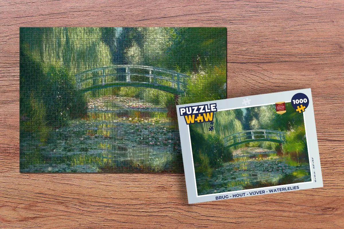 PuzzleWow Legpuzzel 1000 Stuks - Brug, Vijver & Waterlelies