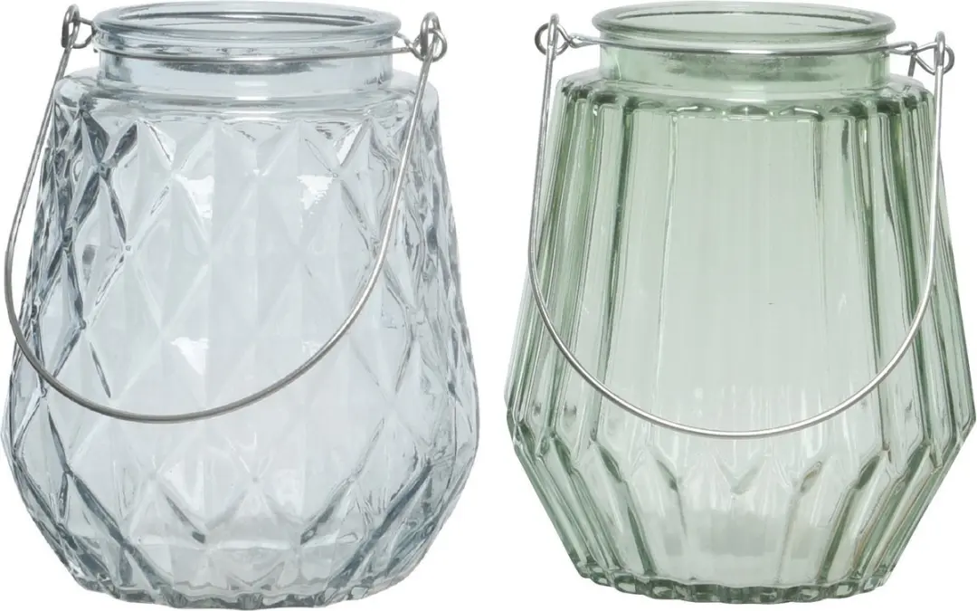 Set van 2x stuks theelichthouders/waxinelichthouders ruit/streep glas ijsblauw e