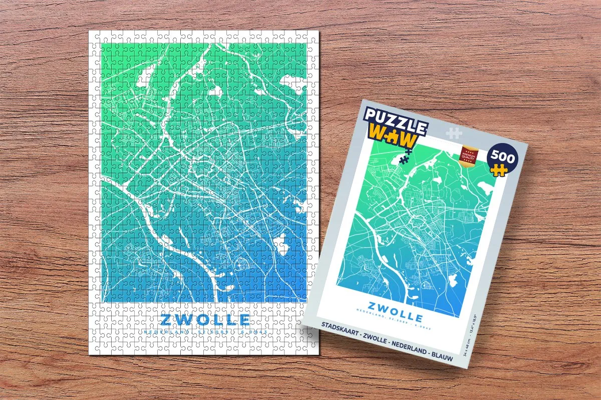 PuzzleWow Stadskaart Zwolle Nederland Legpuzzel 500 Stuks - Blauw