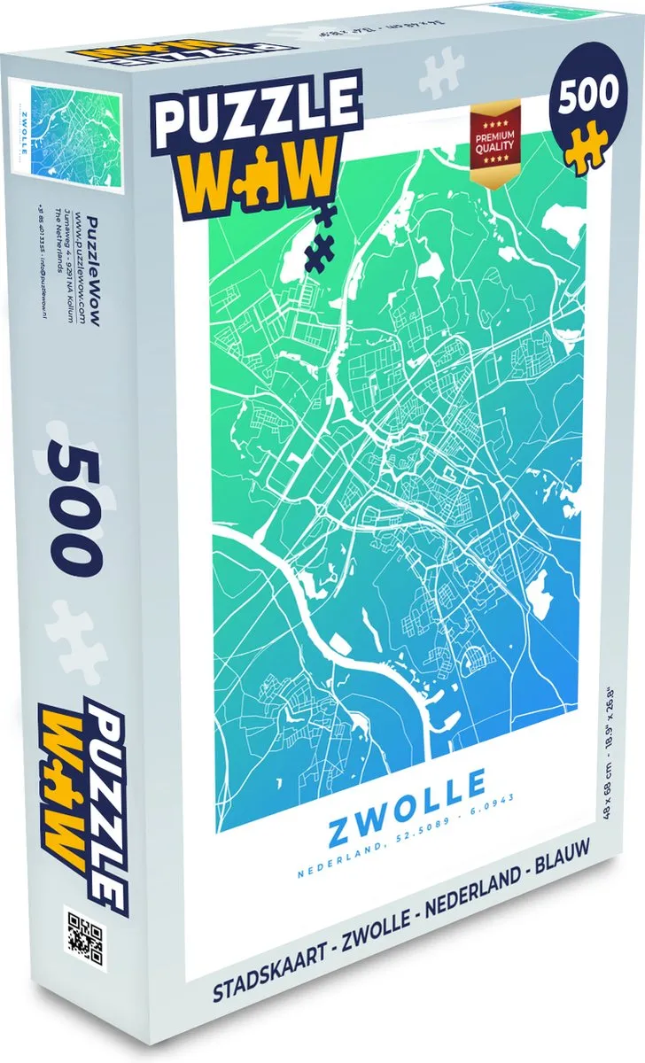 PuzzleWow Stadskaart Zwolle Nederland Legpuzzel 500 Stuks - Blauw