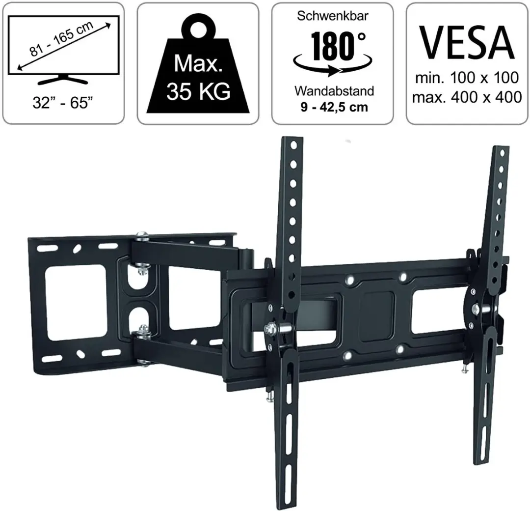 FlashStar TV-muurbeugel FULLMOTION tot 65" Zwart