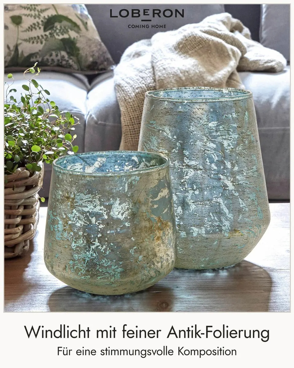 Loberon Windlichtset 2 Stuks Gare Antiekblauw/Goud - afbeelding 2 van 6