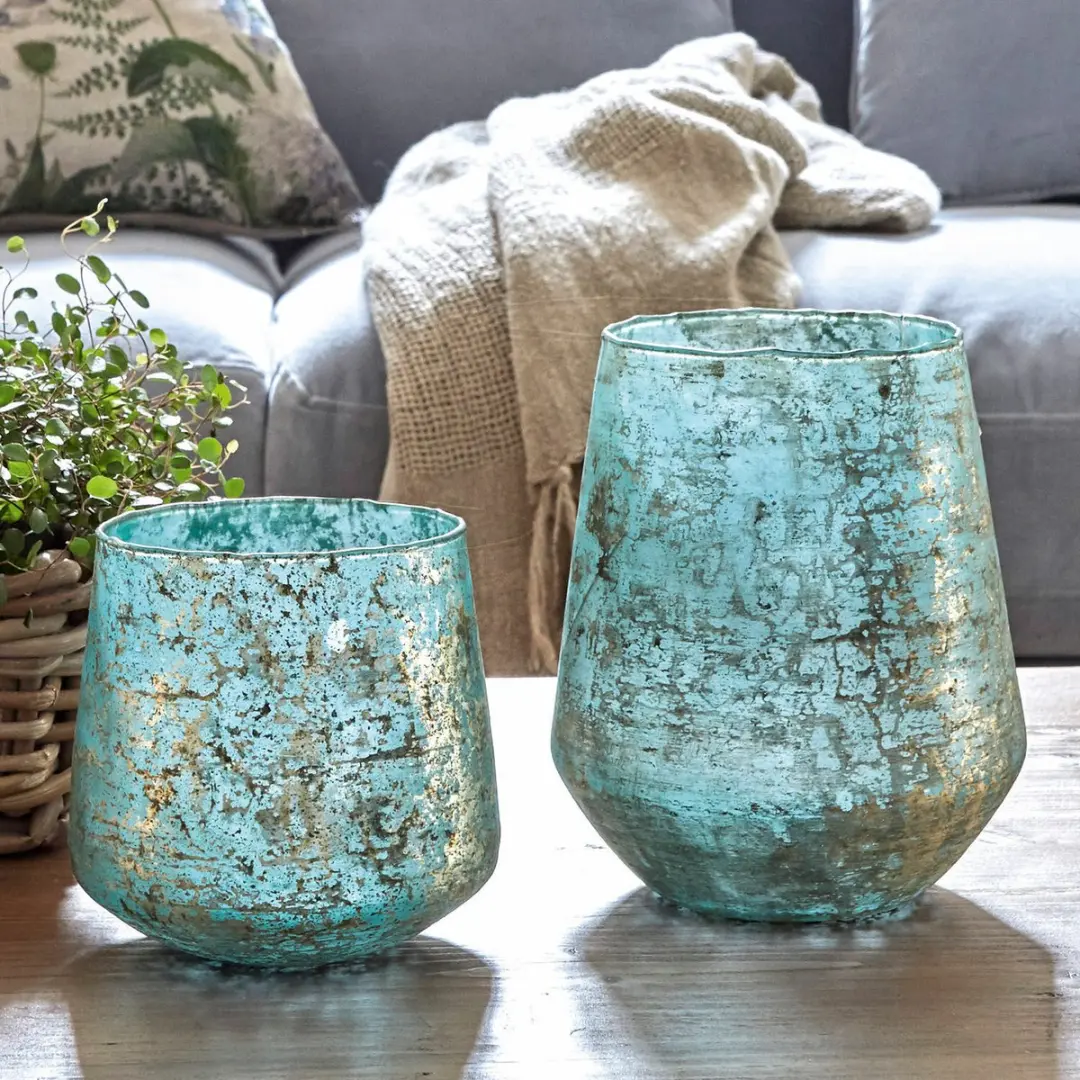 Loberon Windlichtset 2 Stuks Gare Antiekblauw/Goud - afbeelding 6 van 6
