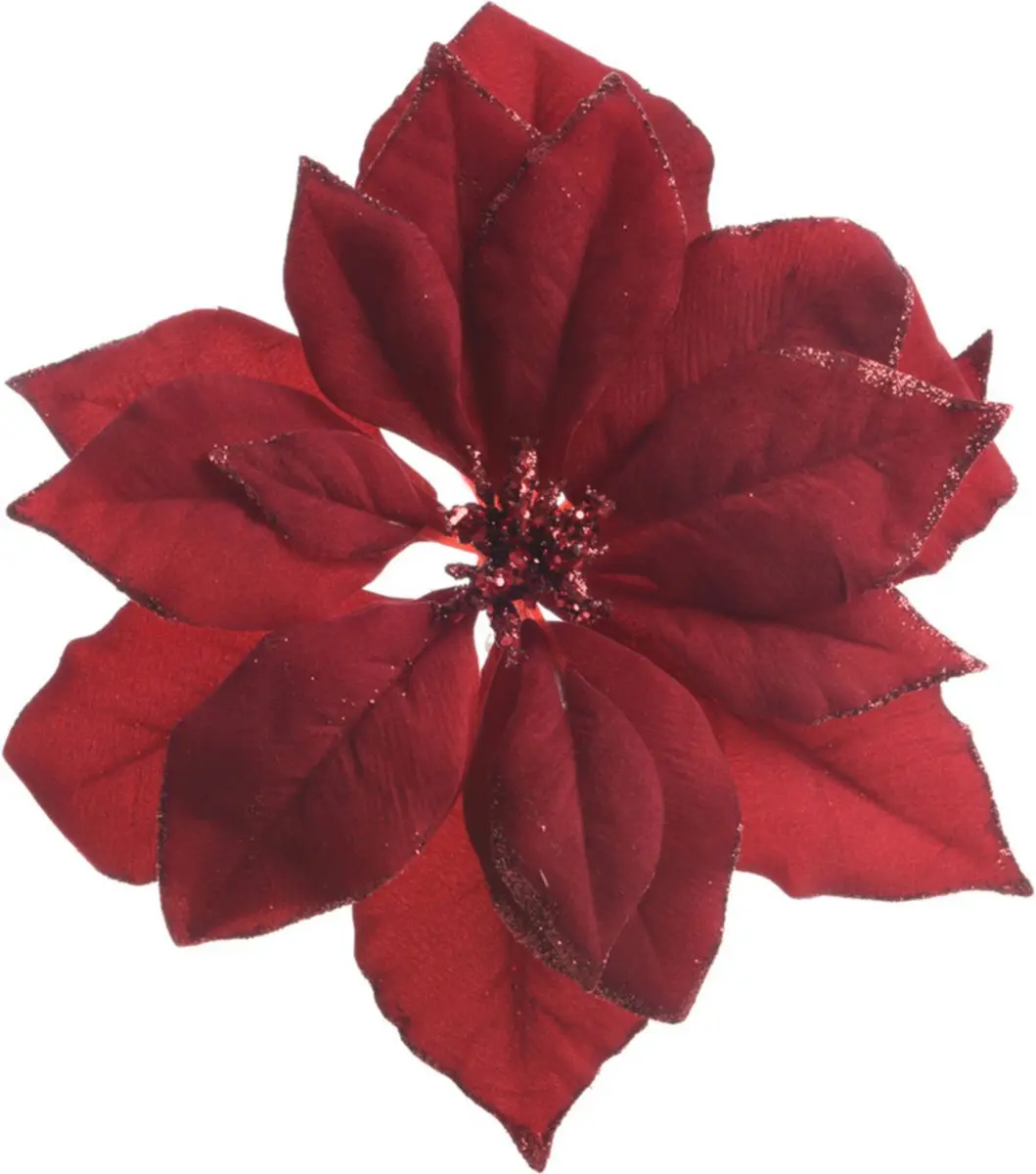 4x stuks decoratie bloemen kerstster rood glitter op clip 24 cm