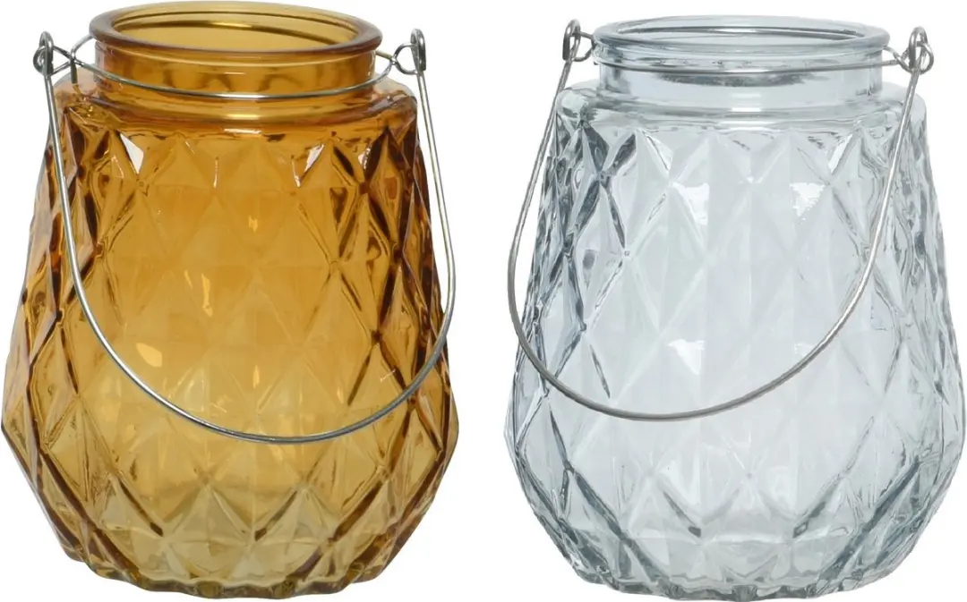 Set van 2x stuks theelichthouders/waxinelichthouders ruitjes glas cognac/oranje