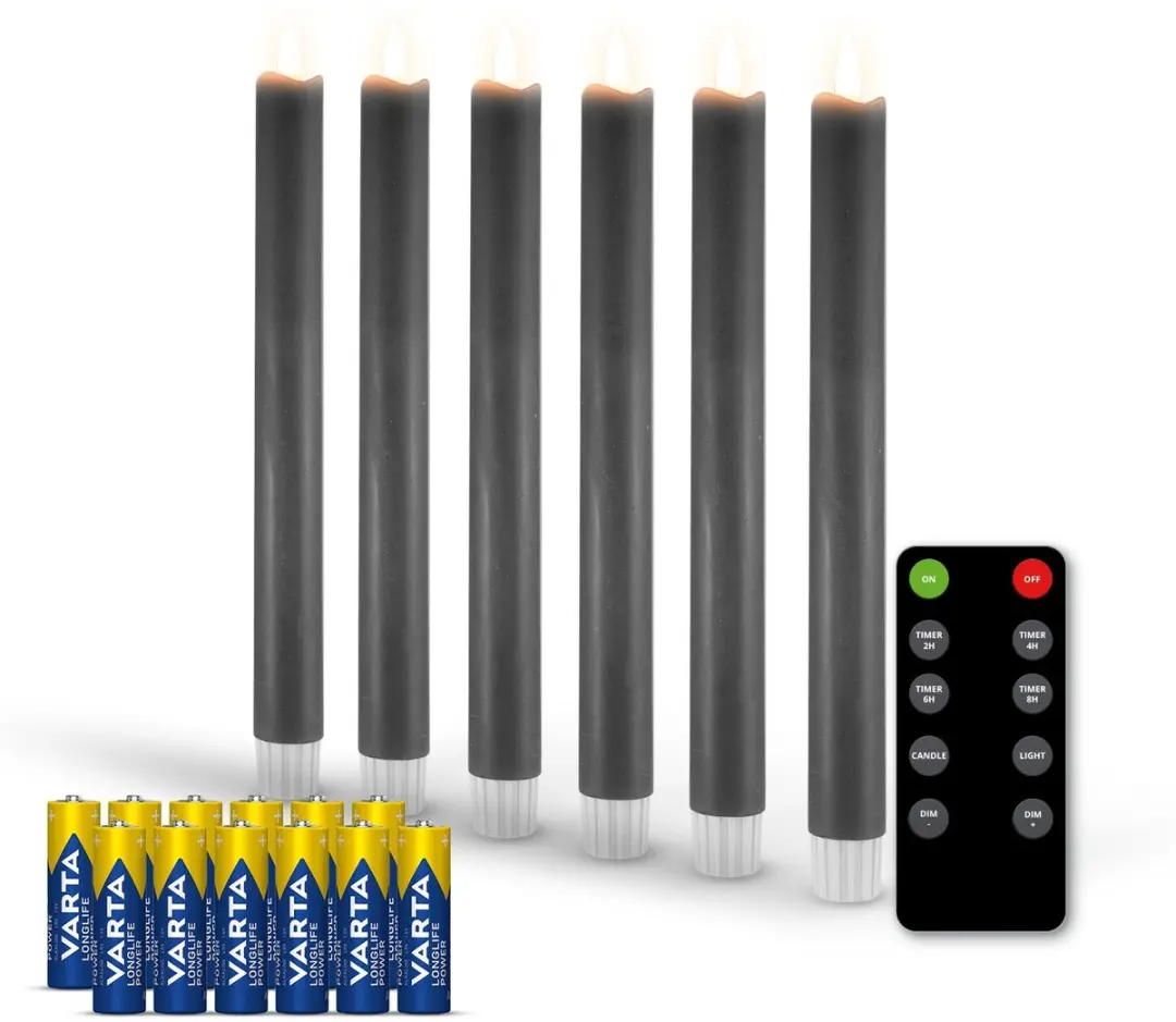 FlinQ LED Dinerkaarsen met Bewegende Vlam - Incl Batterijen - Nep Kaarsen met Flikkerende Vlam - Inclusief Afstandsbediening met Timer En Dimfunctie - 6 Stuks - Antraciet