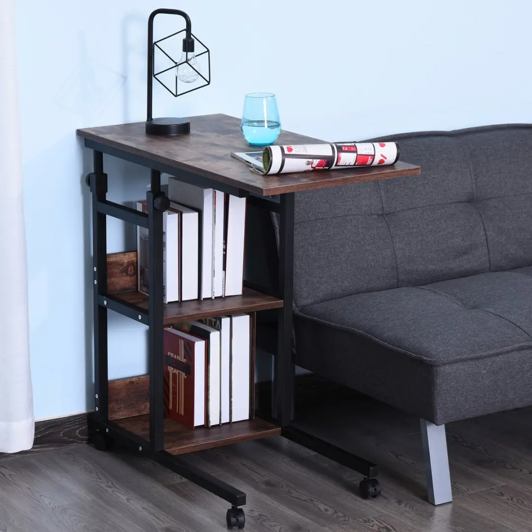 Homcom Bijzettafel op wielen verstelbaar - 2 planken - Zwart - afbeelding 2 van 6