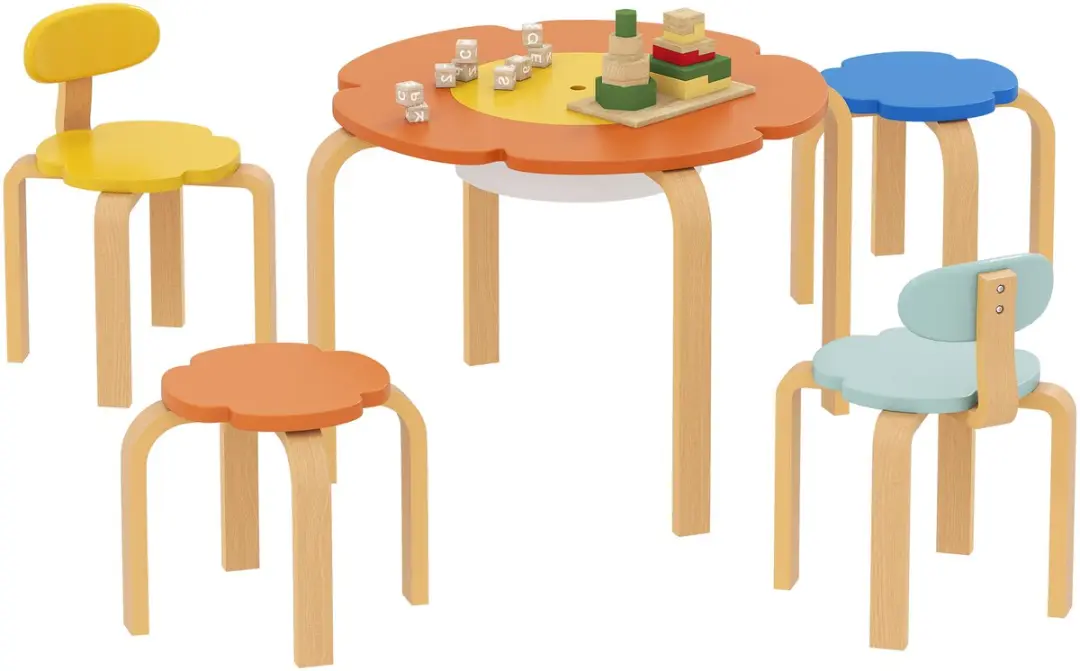 AIYAPLAY Kindertafel en Stoelenset Populierenhout, Polyester 69L x 69B x 45H cm
