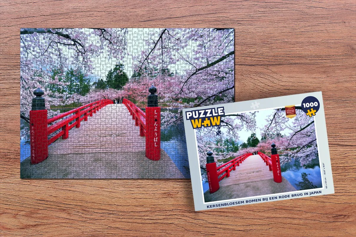 PuzzleWow Legpuzzel Kersenbloesem bij Rode Brug Japan - 1000 Stuks - Multicolor