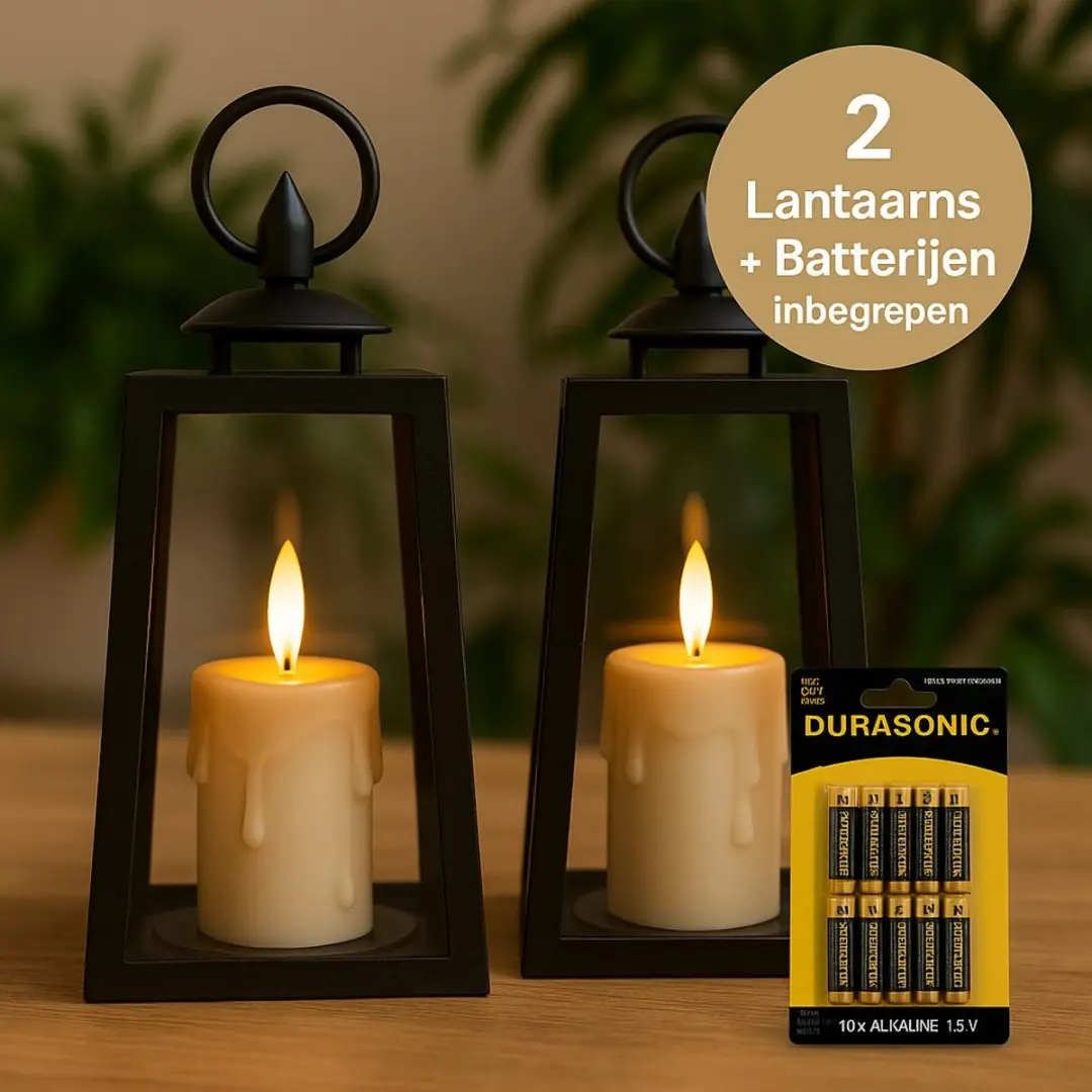 Set van 2 Zwarte LED Lantaarns met 3D Vlam + Batterijen